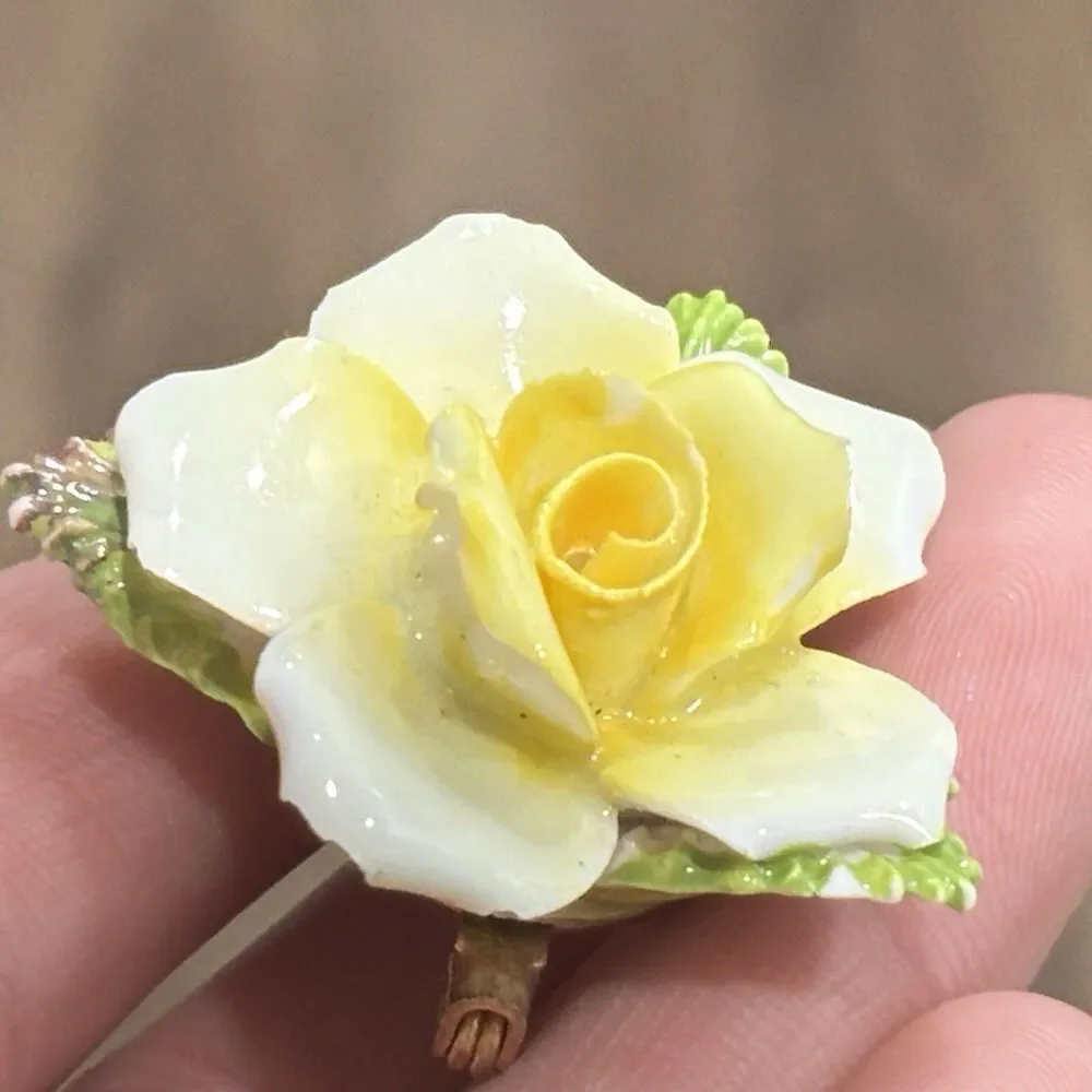 Vintage Porcelain Flower Brooch Made In England Yellow White Rose Bone China